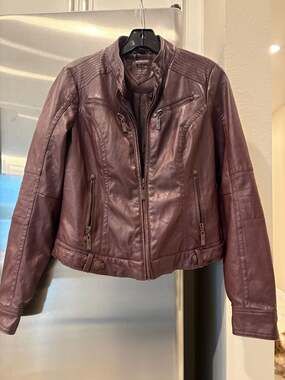 JouJou Burgundy Faux Leather Moto Jacket with Zip Pockets